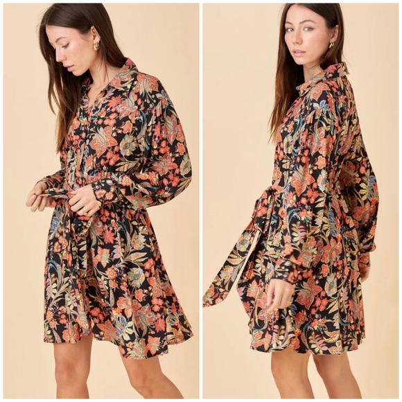 FEW LEFT❗️POLAGRAM Black Floral Long Sleeves Short Dress - Picture 2 of 8